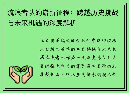 流浪者队的崭新征程：跨越历史挑战与未来机遇的深度解析